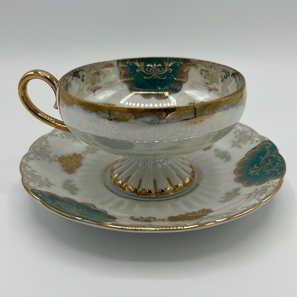 L M ROYAL HALSEY VERY FINE CHINA TEA CUP AND SAUCER SET GOLD, TEAL & IRIDESCENT - Picture 1 of 8